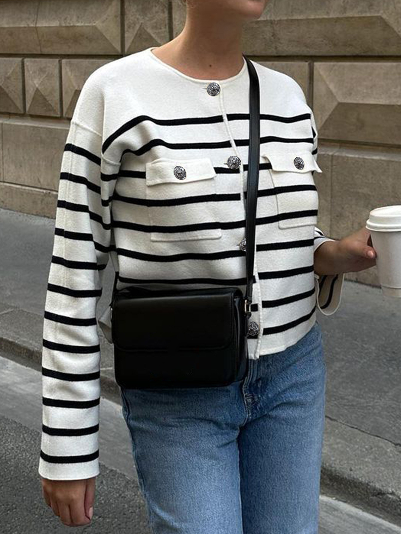 Kaikuo2025 otoño y invierno nuevo estilo transfronterizo Europa y Estados Unidos botón de lana a rayas bolsillo cómodo suéter casual mujer Amazon