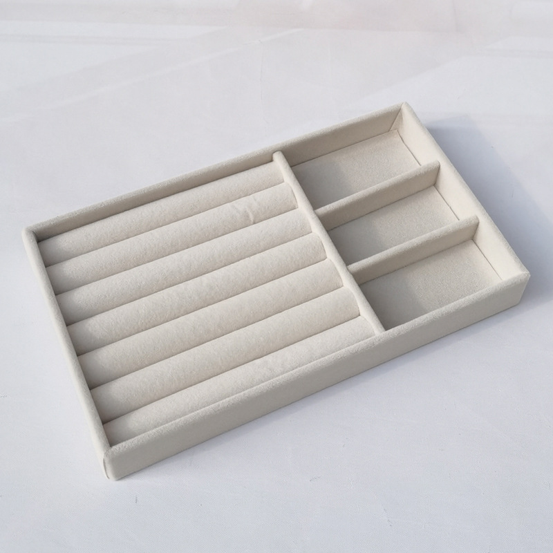 Beige caja de la joyería anillo de franela pendientes placa vacía joyería display rack joyería caja de almacenamiento bandeja al por mayor