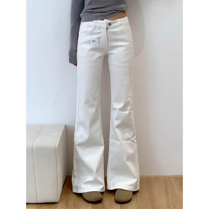 Plus-Size White Slim-Fit Flared Jeans for Women, New Spring and Autumn Style, Low-Waisted, Slimming, Straight-Leg, Bootcut Pants