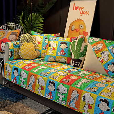 北欧个性沙发垫全棉布艺四季通用防滑格子几何风美式沙发坐垫巾套