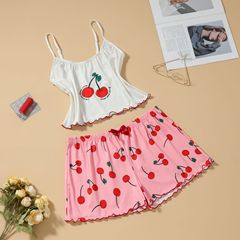 新しい女性の夏のツーピースセットチェリーポジショニングプリントパジャマホームキャミソール女性はショーツを着用できますホームウェア