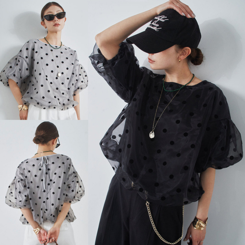 Multiplication Pattern, Large Quantity of Goods, Summer Polka Dot Youthful Cute Fake Two-Piece Spliced Breathable Cotton T-Shirt, Women's Lantern Sleeve Top Multiplication Pattern, Large Quantity of Goods, Summer Polka Dot Youthful Cute Fake Two-Piece Spliced Breathable Cotton T-Shirt, Women's Lantern Sleeve Top