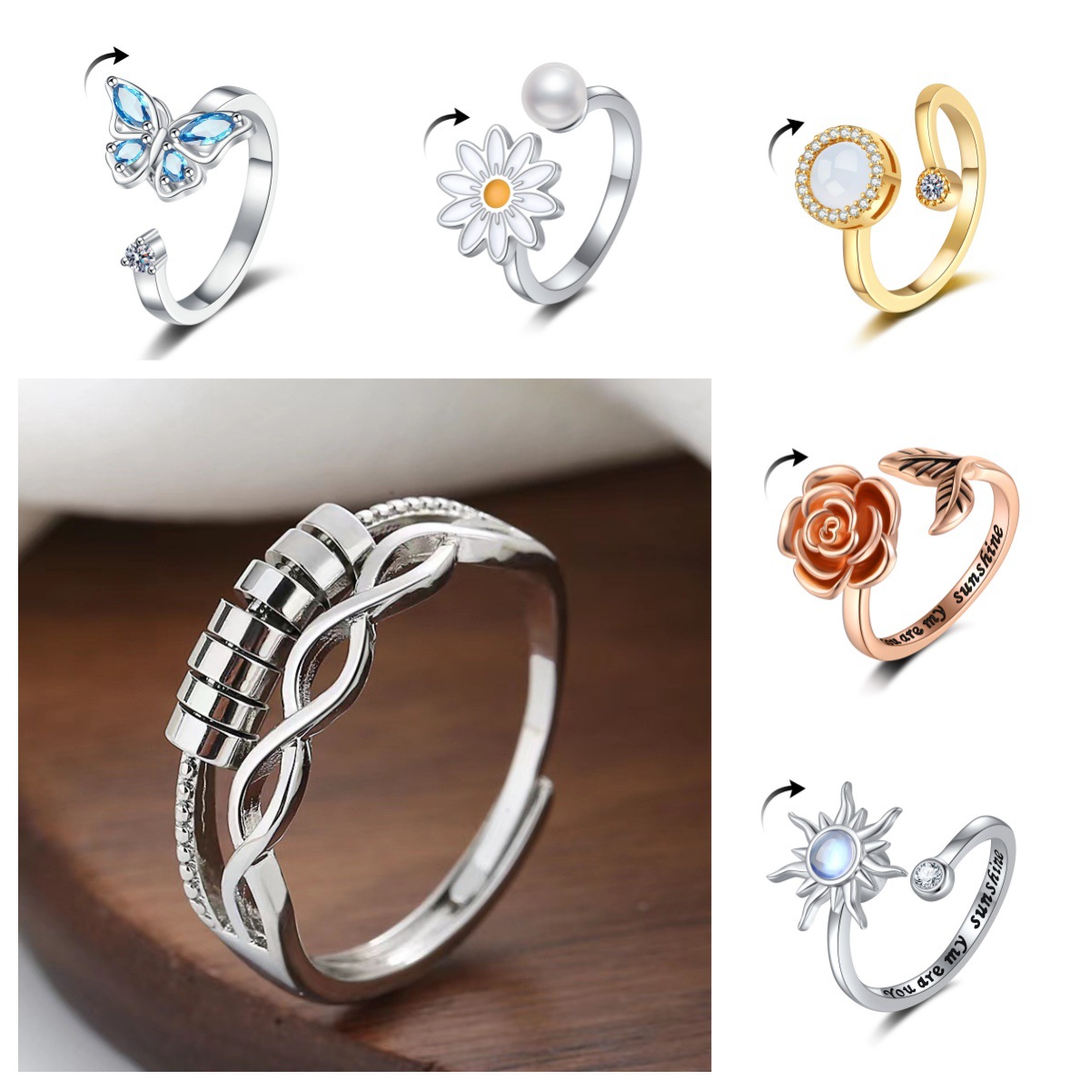European and American New Amazon Best Selling Micro Bead Rotating Ring Women's Creative Ring Anti-stress Anxiety Women's Hand Jewelry