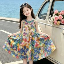 女童夏季无袖碎花连衣裙2026新款儿童度假风沙滩背心七彩裙