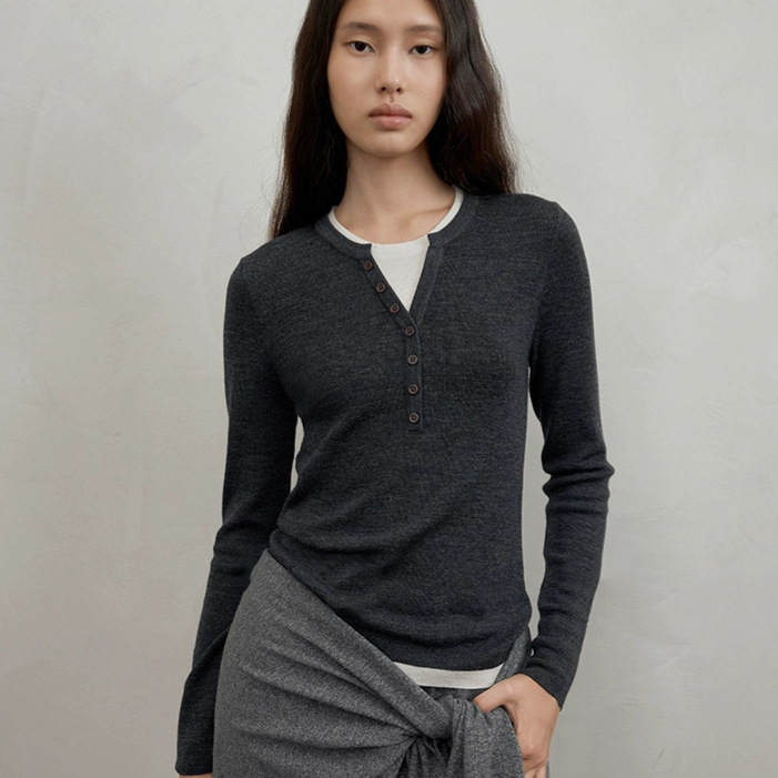 Time Monologue High-Quality Pure Australian Wool Fake Two-Piece Henley Collar Sweater British Style Color-Block Design Top Time Monologue High-Quality Pure Australian Wool Fake Two-Piece Henley Collar Sweater British Style Color-Block Design Top