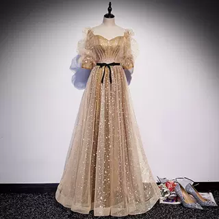 宴会晚礼服女2026春季新款爆款气质主持人长款金色优雅晚宴连衣裙