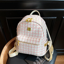 高颜值大容量呢子双肩包女2025秋季新款韩版百搭格子网红小背-