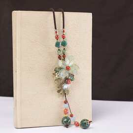 新款民族风花开鱼跃陶瓷吊坠长款项链复古服装配饰合金琉璃毛衣链
