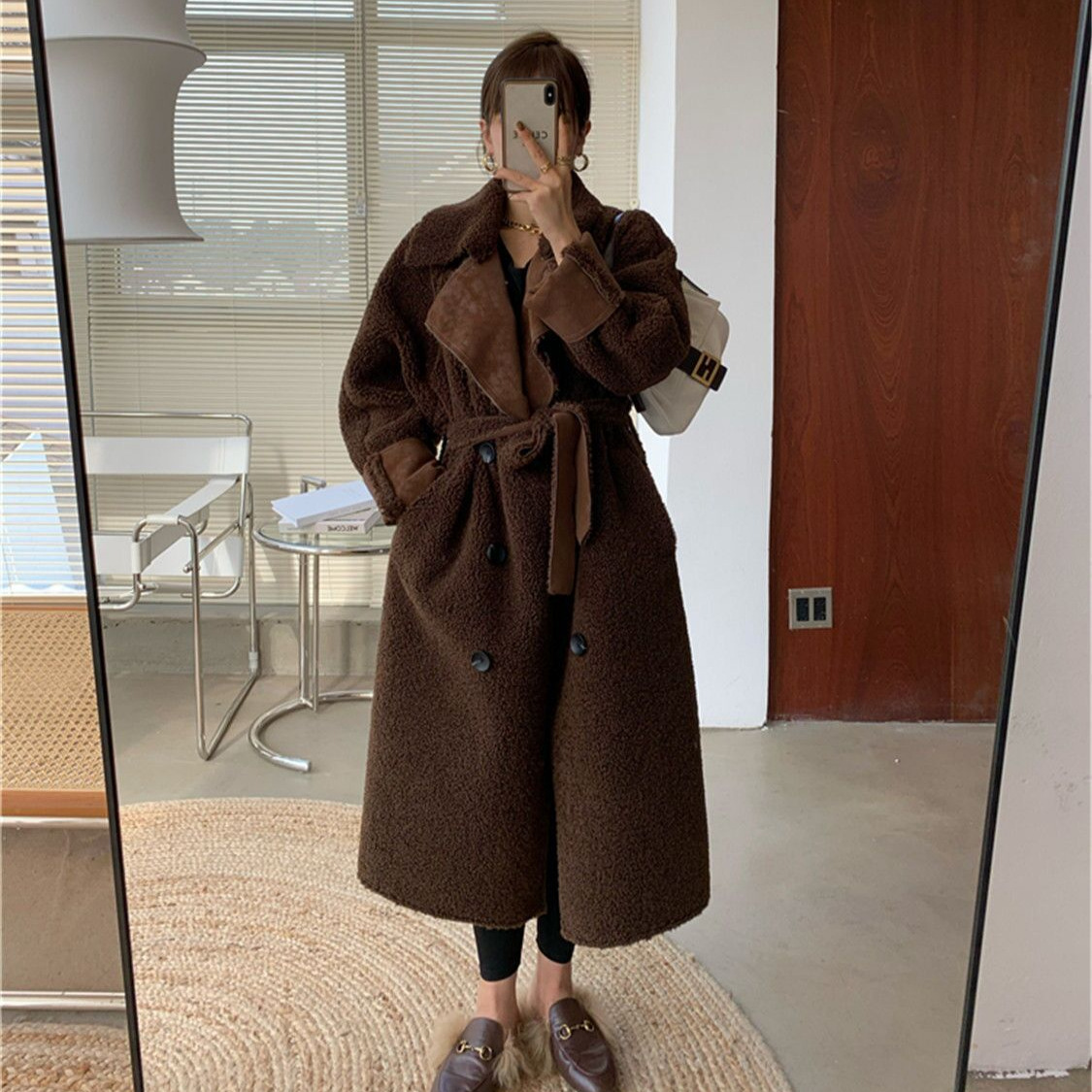 (2개) 양고기 모피 원피스 코트 여자 2024 WINTER VINTAGE LOOSE ALL-MATCH 두꺼운 중간 길이의 모피 코트