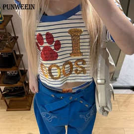 美式复古撞色条纹撞色斜肩短袖T恤女夏季宽松露肚脐短上衣辣妹女