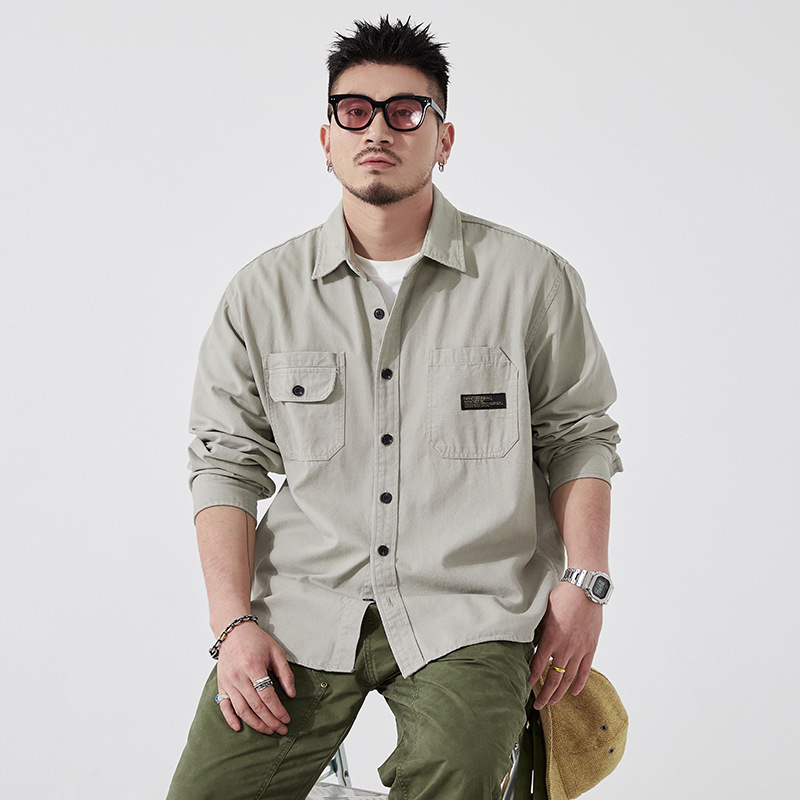 Mountain-style camp-inspired vintage washed heavy cotton work shirt for men, spring and autumn, loose casual long-sleeve shirt