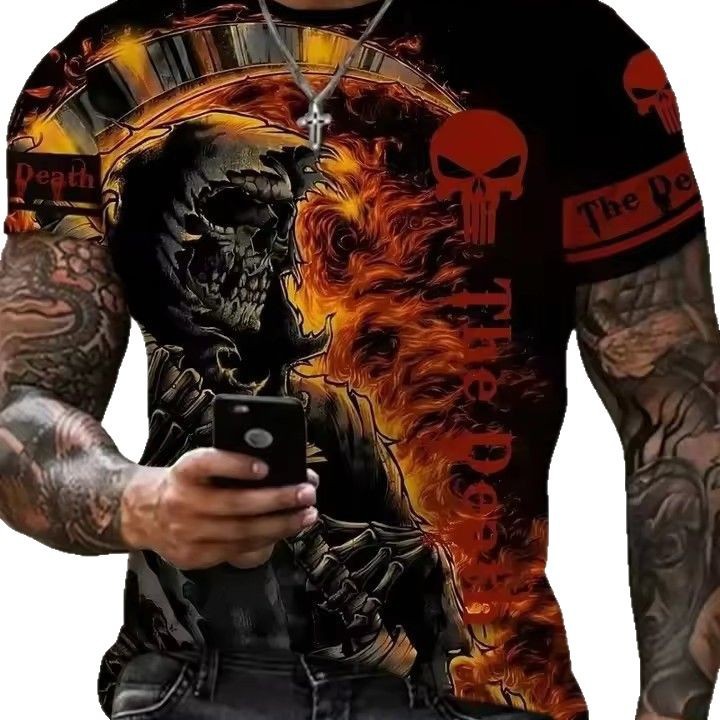 Thriller Hell Skeleton 3D Print Camiseta de cuello redondo de manga corta transpirable de malla suelta de verano para hombre