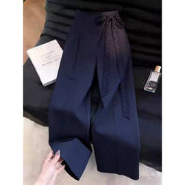 藏青色绑带西装裤女2026年夏季流行新款高腰显瘦遮肉遮胯阔腿裤子