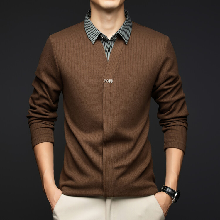 Men's two-piece T-shirt with lapel, versatile autumn style, fashionable casual shirt collar, striped base layer top.