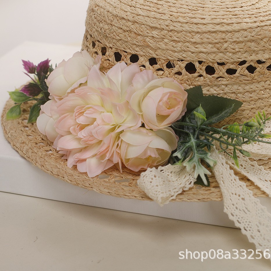 Mũ rơm nữ vành rộng phối ren hoa, chất liệu raffia thoáng khí, đi biển — màu hồng