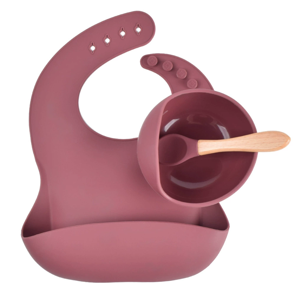 Silicone children's tableware set — bib, bowl and spoon with suction base, multi-color