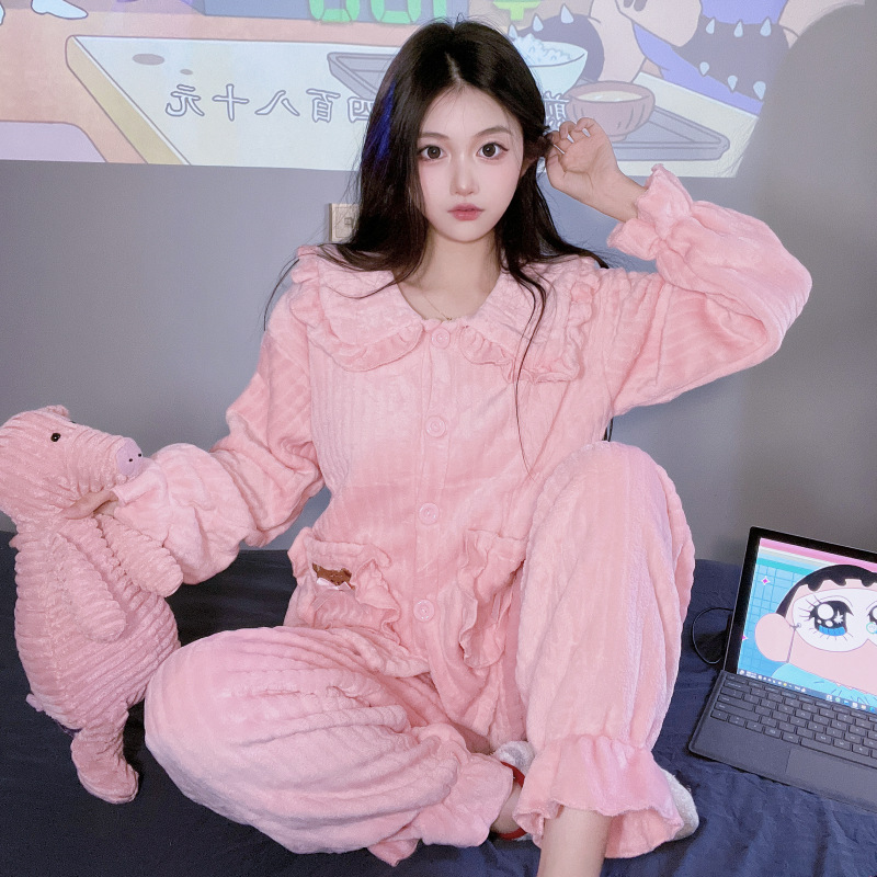 Rosa chica otoño y el invierno cálido coral lana fresca pequeña manga larga gruesa franela desgaste del hogar traje casual