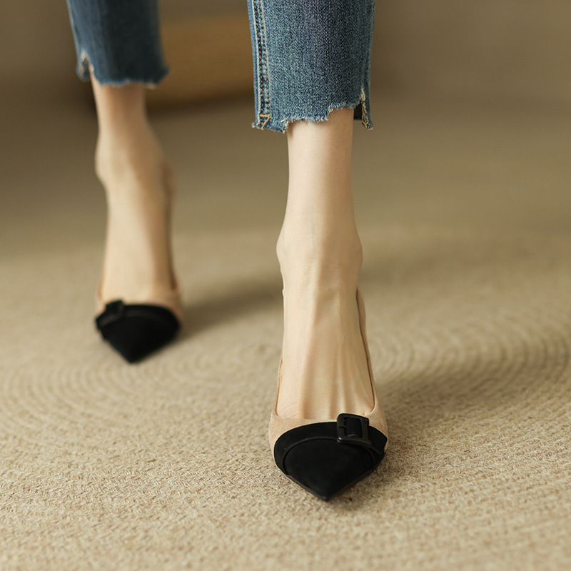 Genuine Leather Retro Pointed Toe Frosted Stiletto Heels 2023 Early Spring New Style Shallow Mouth Color Matching Flats for Women Elegant