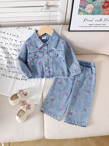 Children's clothing Blue long-sleeved top + pants set for European and American girls