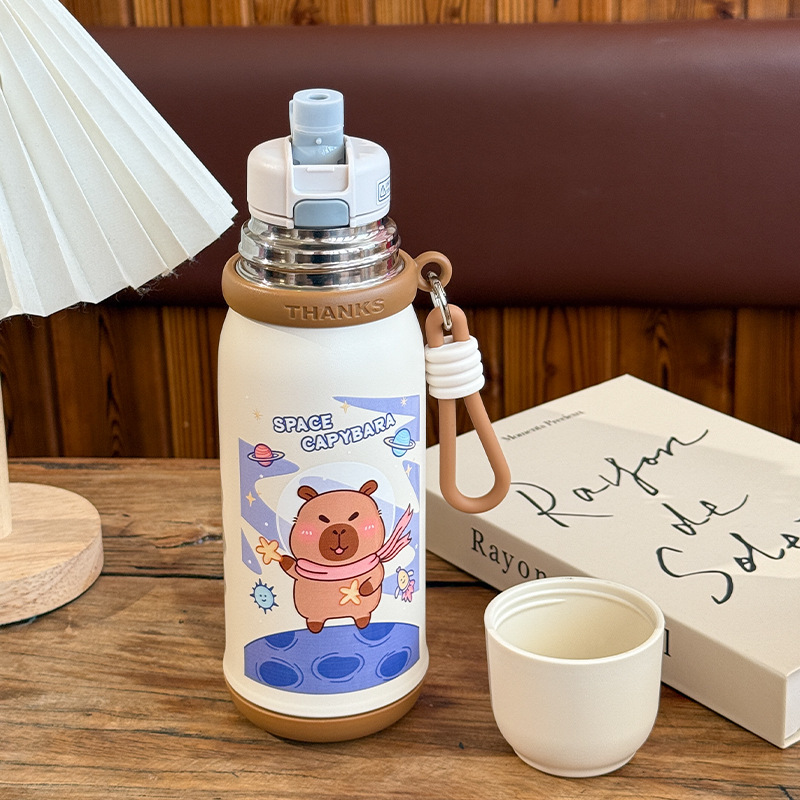【一杯两用】可爱土拨鼠保温杯新款小众吸管杯子学生可倒水提绳杯|undefined