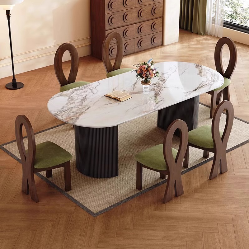Mesa de comedor de roca medieval francesa estilo pequeño estilo retro lujo ligero hogar negro retro mesa de comedor ovalada silla