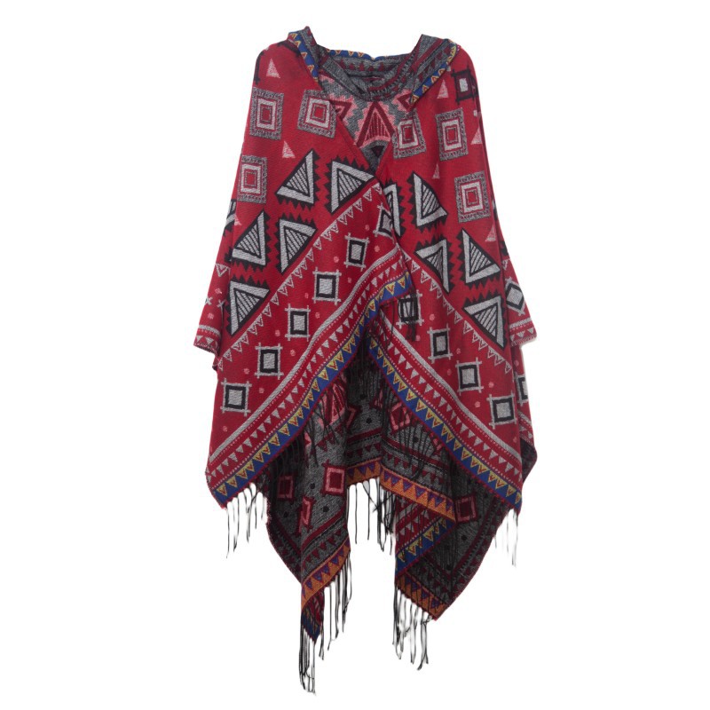 Unisex Hooded cape Winter travel jacquard fringed shawl for women_viptrois.com