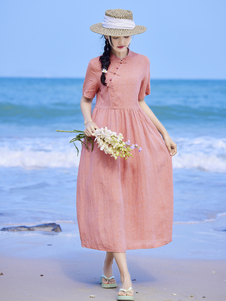 夏装斜襟中式连衣裙优雅气质 立领盘扣短袖亚麻色织改良旗袍