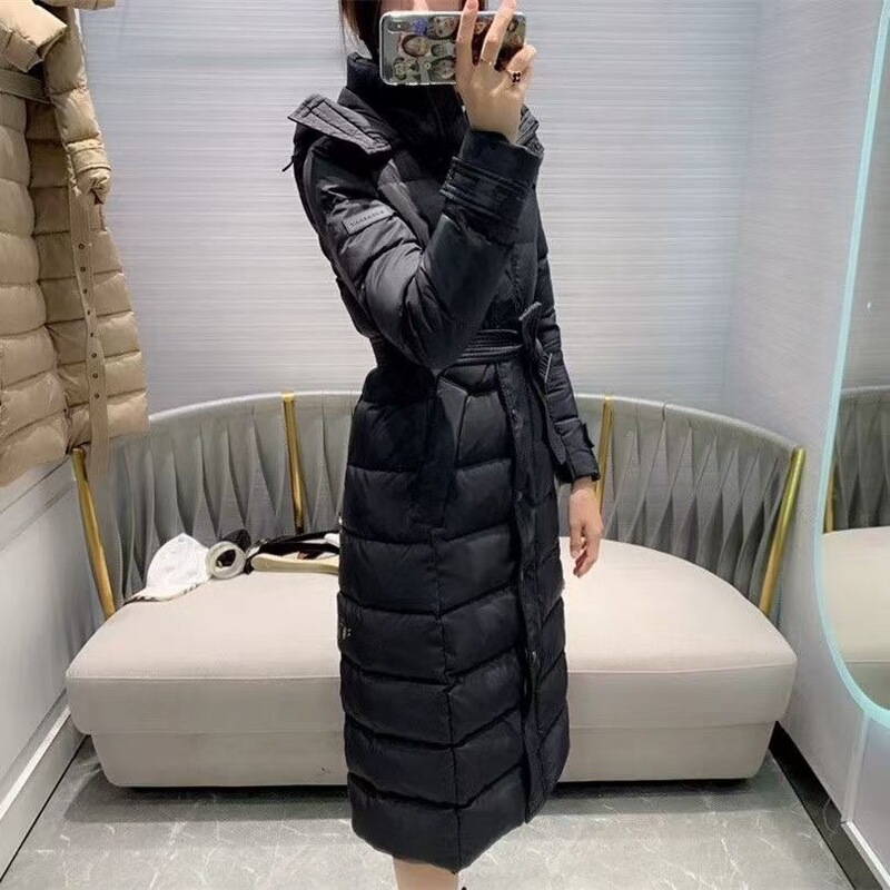 2025 New Autumn and Winter B Family Long Over-The-Knee Hooded Belt Waist Type Inner Striped Goose down Warm down Jacket 2025 New Autumn and Winter B Family Long Over-The-Knee Hooded Belt Waist Type Inner Striped Goose down Warm down Jacket