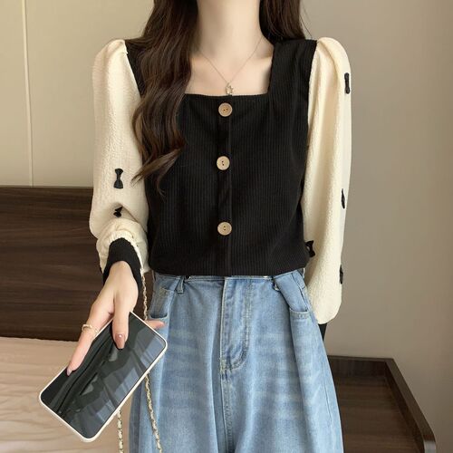 French-style long-sleeved V-neck base shirt for women, suitable for spring and autumn, stylish faux two-piece with bow trim, designed to make plus-size women look slimmer