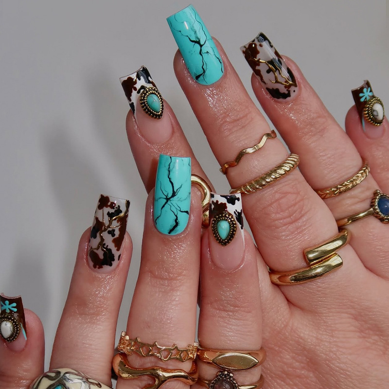 European and American Cross-Border Flash Love Diamond Cyan Striped Ink White Edge Manicure Wearable Nails Hot Sale