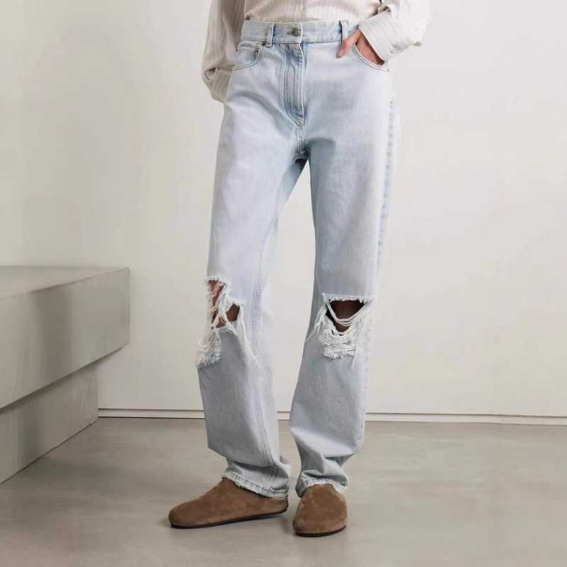 【Limited Time Offer】The*Row Ripped Jeans, Same Style as Xia Wenjia Ying, High-Quality Nanyou Version, Washed Mid-Waist