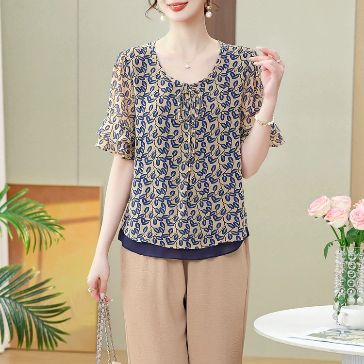 Костюм для мамы на весну и лето, свободные брюки с короткими рукавами и длиной до щиколотки, новинка 2024 года, элегантный и простой топ с круглым вырезом и длинные брюки.