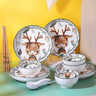 网红麋鹿陶瓷日式餐具碗碟套装釉下彩家用汤碗面碗鱼盆勺筷大组合