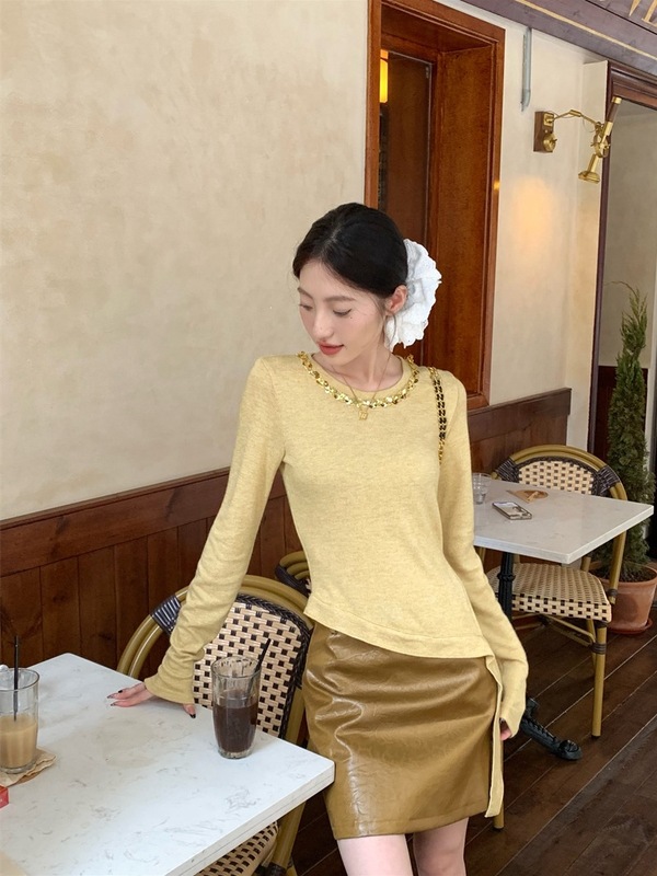 不规则飘带设计感长袖T恤PU皮包臀半身裙女2025秋季新款时尚套装|undefined