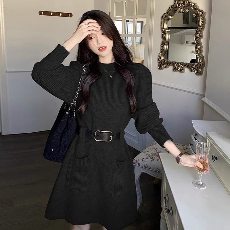 富家千金连衣裙腰带女高级感气质名媛炸街裙子配大衣中长款毛衣裙|undefined