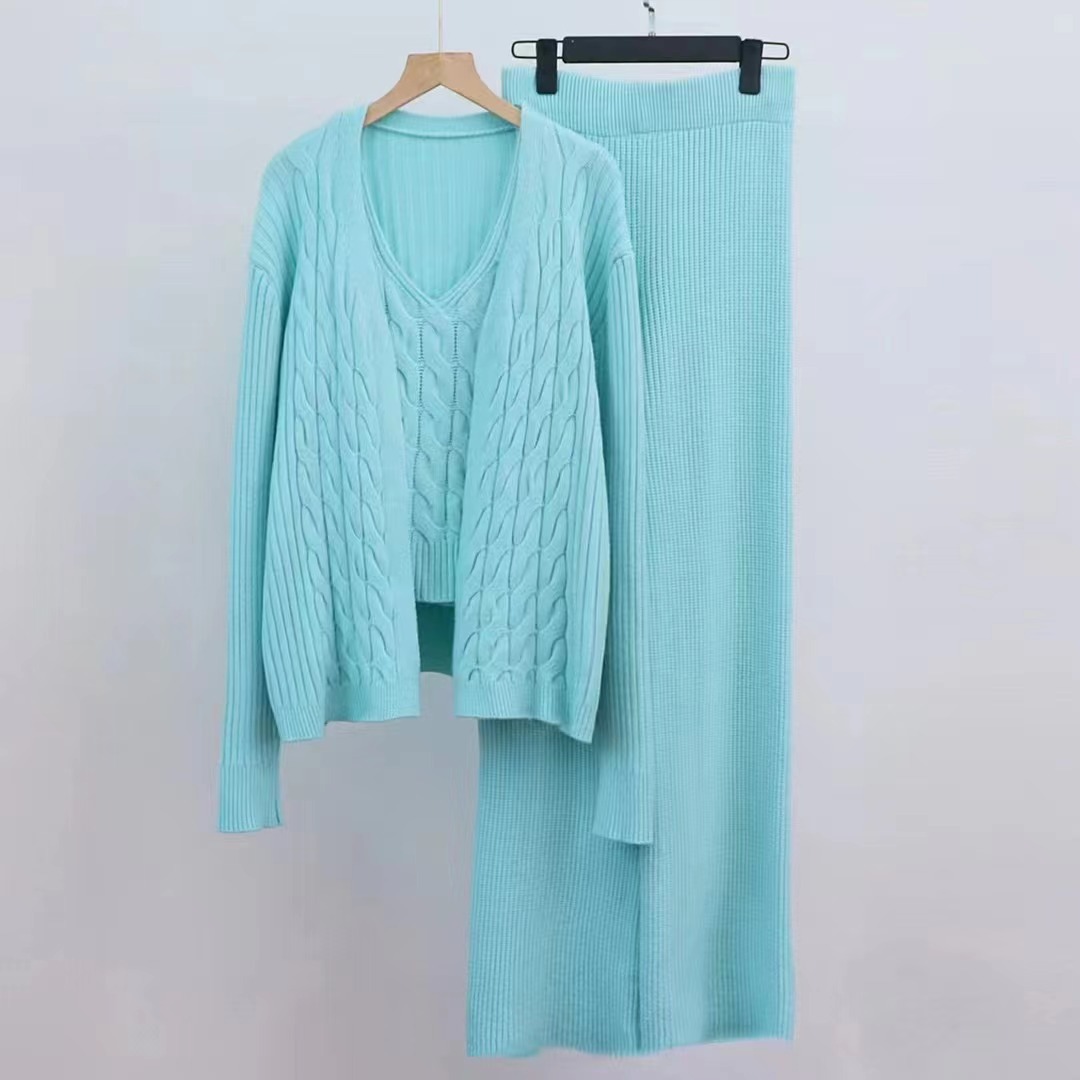 Autunno Inverno Lazy Maglia Donna Cardigan Largo Cinghie Fondo Camicia Pantaloni Gamba Larga Estesi Set Pezzo_voghion.com