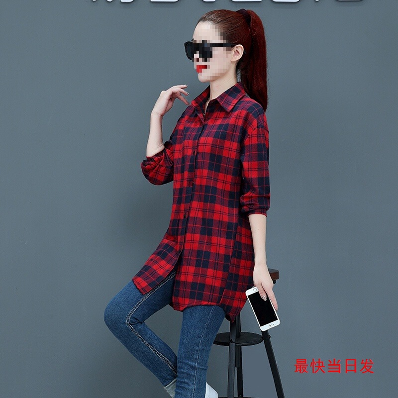 Red and black plaid shirt for women, loose mid-length design top, spring and autumn retro Hong Kong style outerwear shirt, trendy Red and black plaid shirt for women, loose mid-length design top, spring and autumn retro Hong Kong style outerwear shirt, trendy