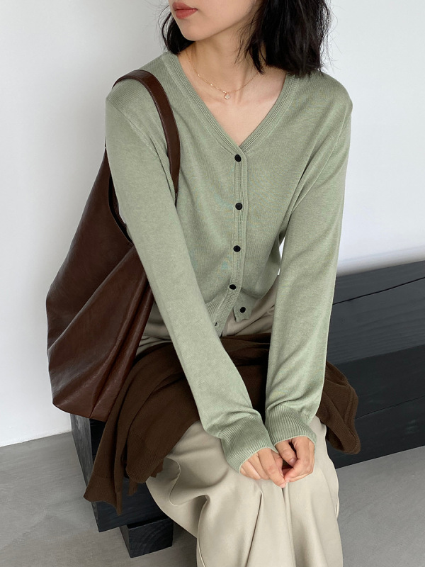 江左 10羊毛韩系休闲简约V领针织开衫女秋减龄百搭长袖上衣 U1248|undefined