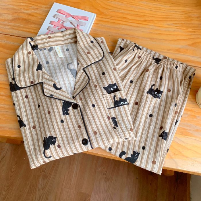 Nuevo conjunto de pijamas de algodón nublado transfronterizo de manga larga delgada primavera y otoño de mujeres lindos pantalones de dibujos animados dulces ropa para el hogar