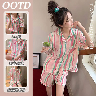 2024 Summer New Cardigan Short-sleeved Shorts Pajamas for Women Rainbow Stripesd Home Clothes Set Can Be Worn Outside Wholesale
