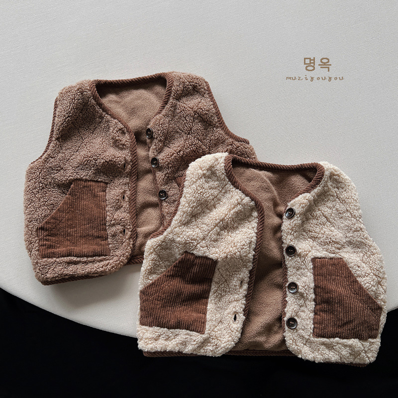 Chaleco de felpa a juego para niños invierno nuevo top para niños y niñas chaleco cálido personalizado de color de contraste de estilo japonés y coreano