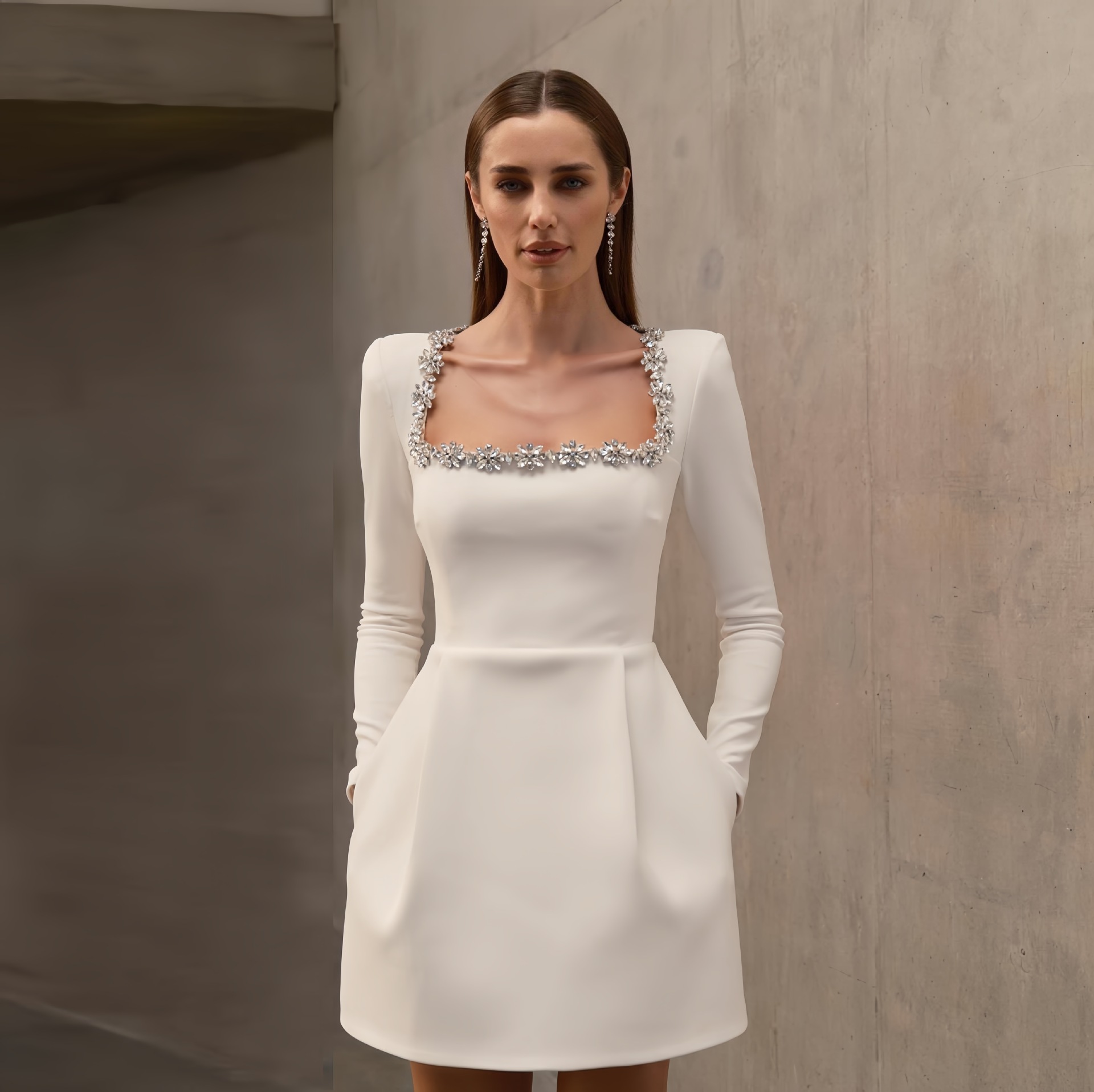 欧美跨境2025新款白长袖女装法式方领水钻绷带连衣裙秋冬高级感