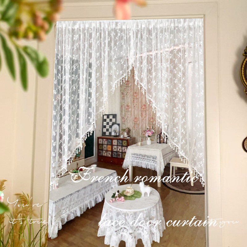 French Beaded Half Curtain Curtain Retro American Partition Curtain White Lace Embroidered Tassel Punch-Free Arched Door Curtain