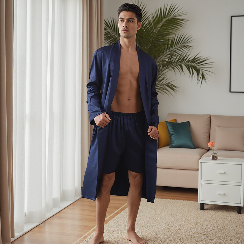 Amazon Cross-Border Men's Pajama Shorts Set Solid Color Loungewear Bathrobe Thin Pajamas 1015 Comfortable Long-Sleeve