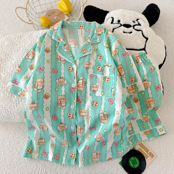Venta al por mayor transfronteriza nube de algodón 120G estilo caliente pijamas mujeres verano dulces pantalones cortos de manga corta dibujos animados ropa para el hogar traje