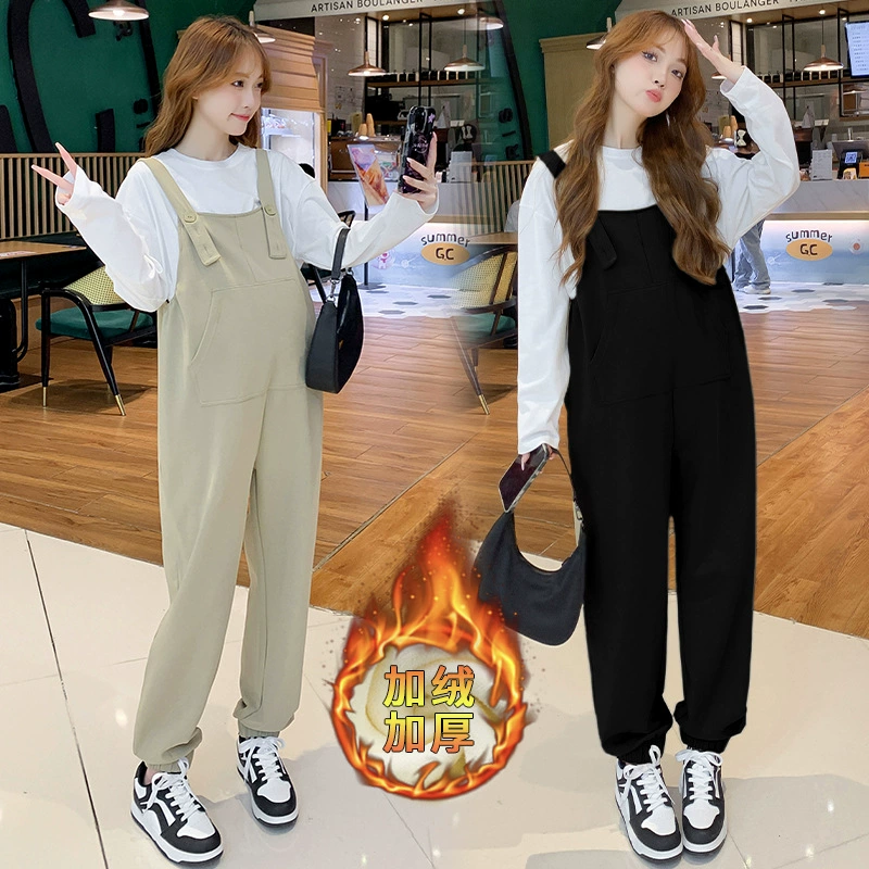 Брюки для беременных на ремешках 2023, новые утолщенные брюки на флисовой подкладке, свободная приталенная осенняя одежда для беременных