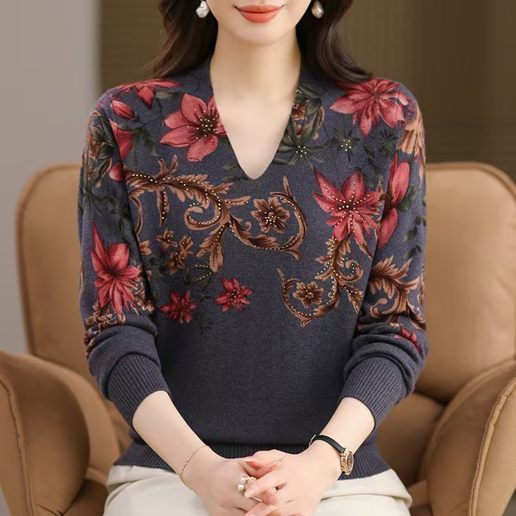 大码印花毛衣女士针织羊毛衫时尚秋冬季新款中年妈妈装修身打底衫|undefined