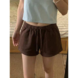 BM韩版复古风抽绳棕色短款睡裤女夏季新款大码宽松运动家居服短裤