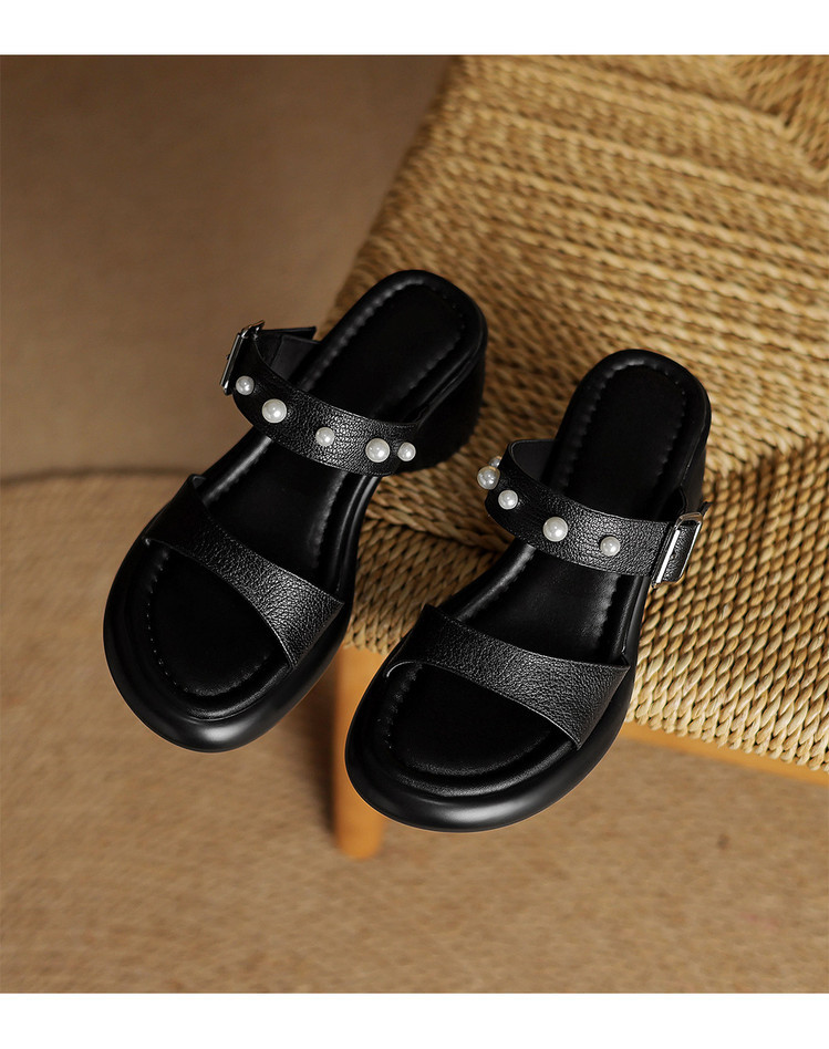 Sandal nữ hở mũi đế tăng chiều cao mùa hè, mũi tròn khóa kim loại ngọc trai — đen, Màu trắng nhạt chi tiết 14