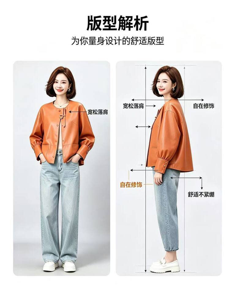 Áo khoác da nữ dáng ngắn ôm vừa, cổ lập, tay dài, phong cách thanh lịch — Cam Hermès, đen chi tiết 9
